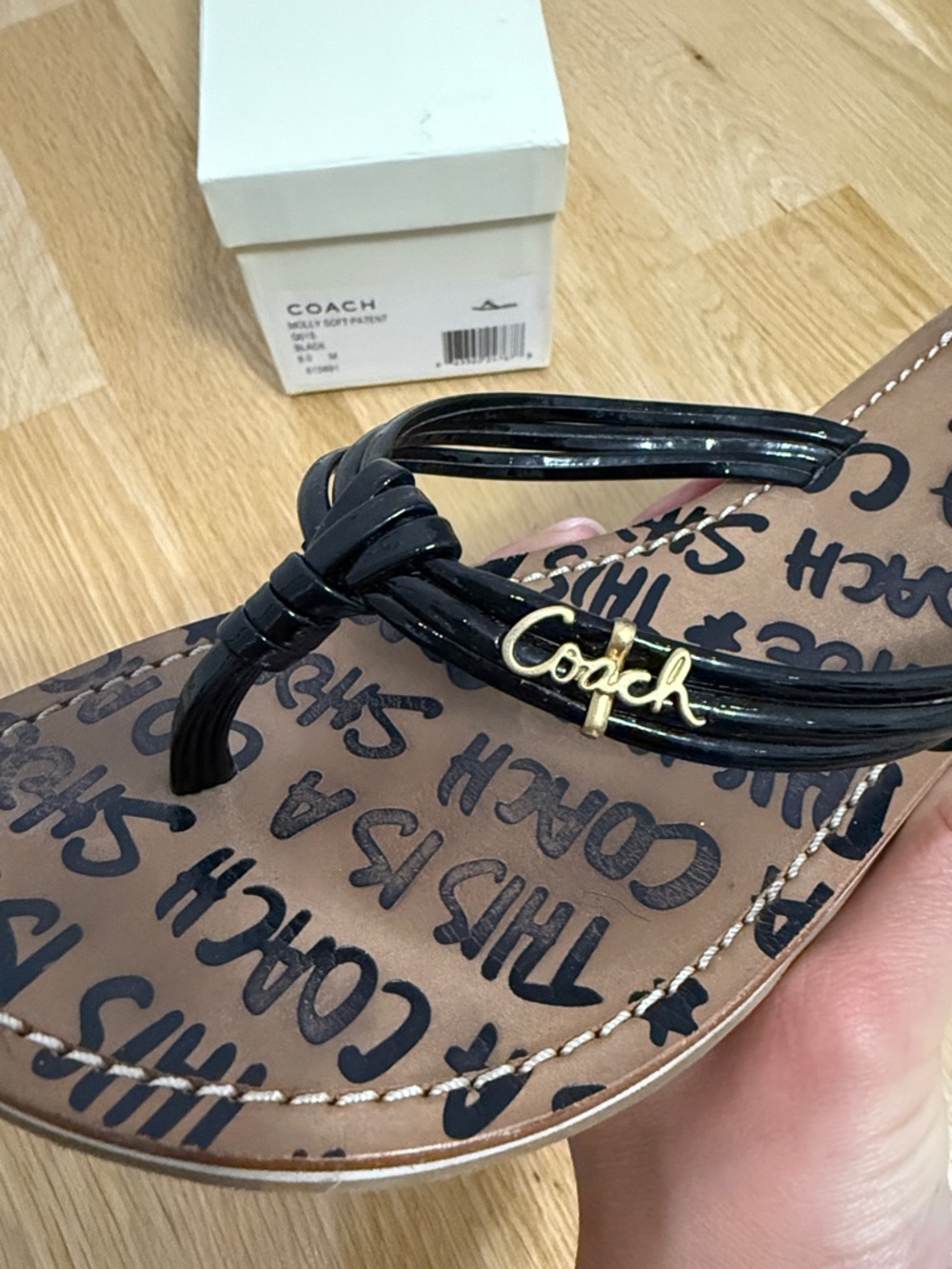 Coach Brown Logo Print Flip Flop Sandals with Black Glossy Straps and Gold Charm - Picture 4 of 5